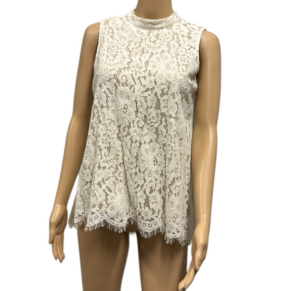 Rose + Olive Cream Sleeveless High Neck Lace Overlay Keyhole Back Top Blouse S